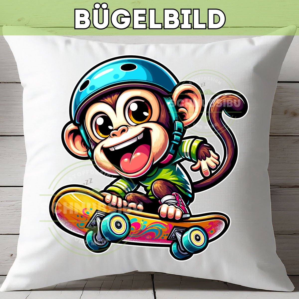 Bügelbild Affe auf Skateboard